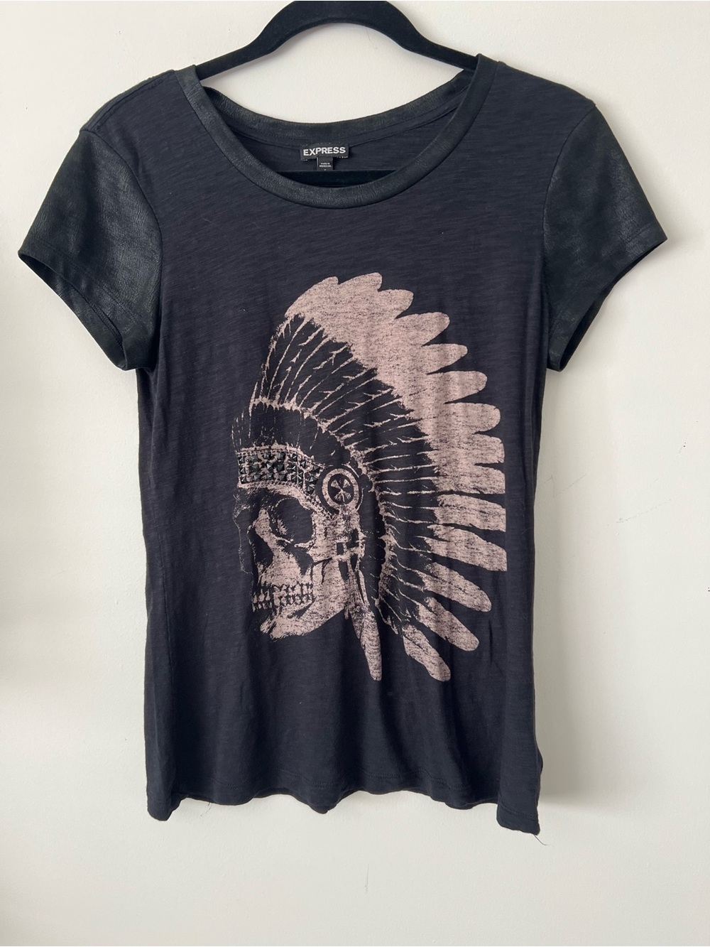 Express Black Tee with Pale Pink Feather Graphic
